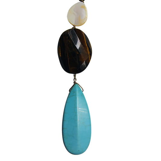 Vntage Pendant Statement Necklace Turquoise Tigers Eye MOP Gold Round Link 18" [Vintage]