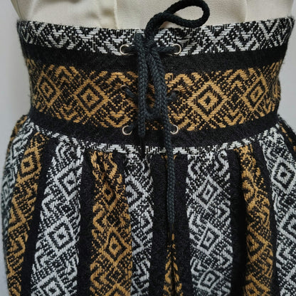 1960s High Waisted Handmade Tribal Boho Print Maxi Skirt Grommet Tie Front Size XXS [VINTAGE]