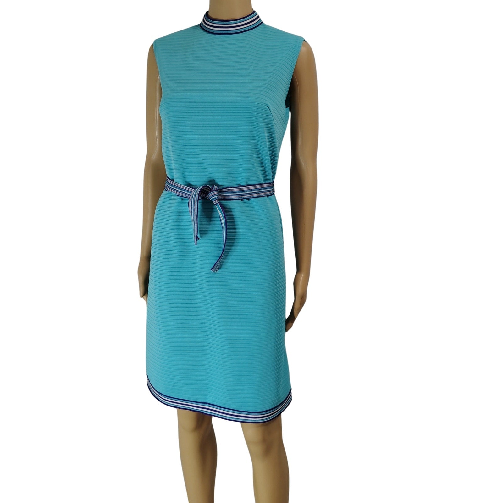 1970s Supreme Turquoise Blue Striped Texture Sleeveless High Neck Dress Size Medium [Vintage]