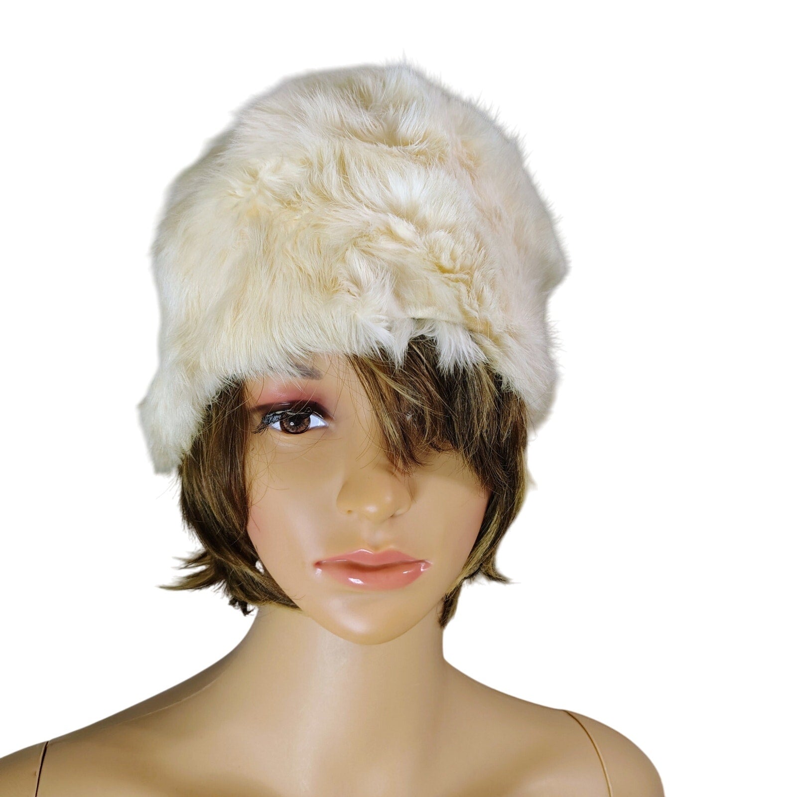 1950s Cream Real Fur Tall Pillbox Cossack Style Winter Hat [Vintage]