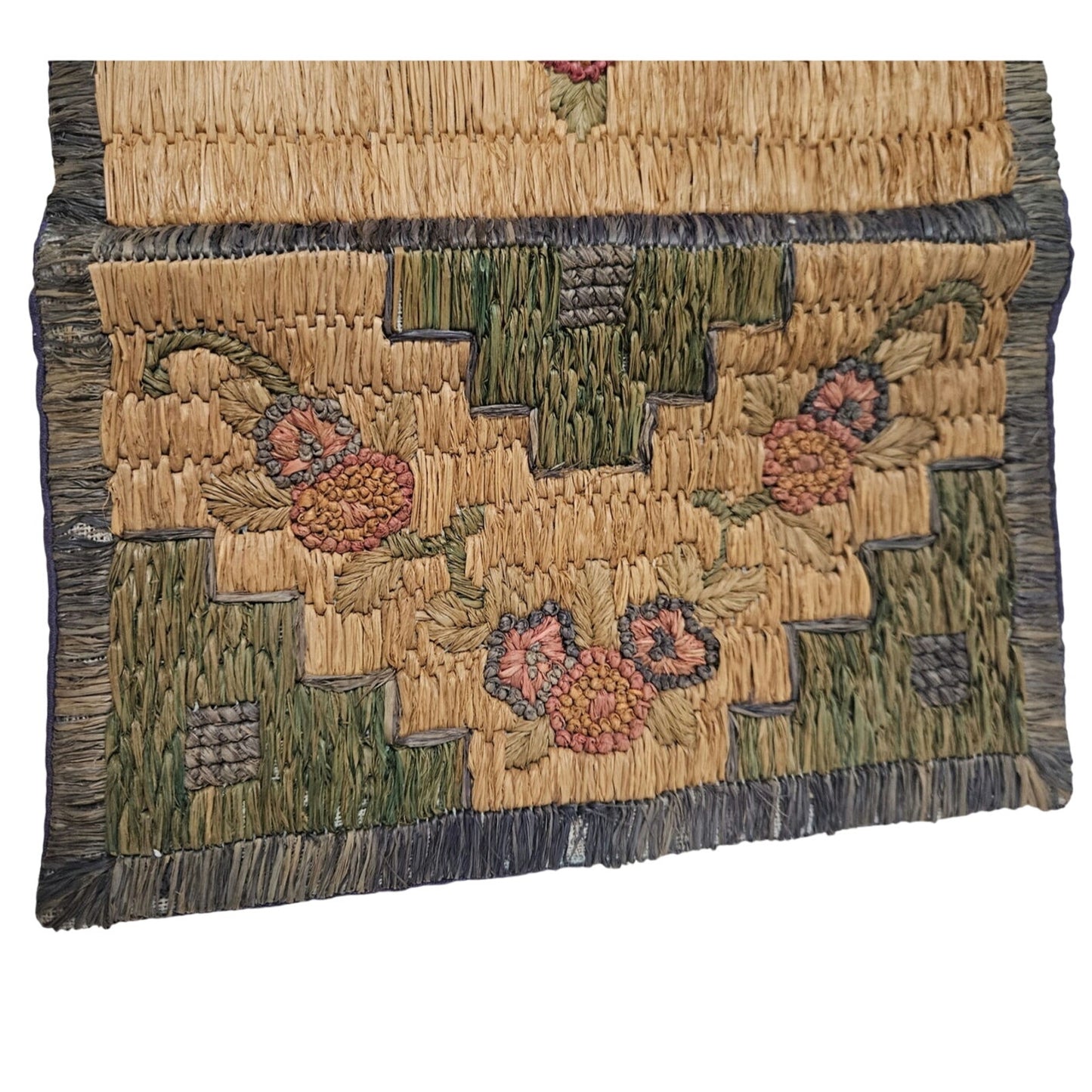 1940s Handwoven Grass Clutch Wallet Bag Floral Motiff Gently Used 8 x 6 Inch