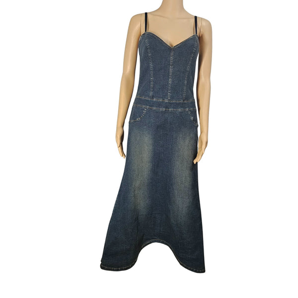 1990s Blue Stretch Denim Maxi Uneven Hemline Lace Up Back Jean Dress Size Large [Vintage]
