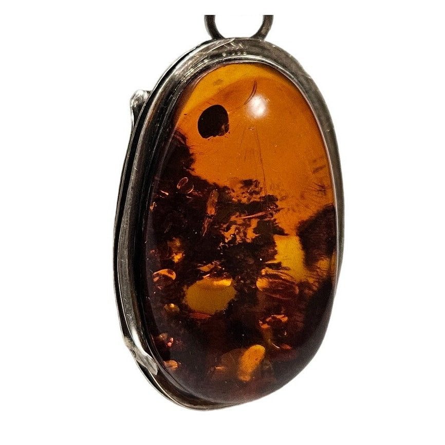.925 Silver Large Honey Amber Wrapped Pendant Black Ribbon Necklace [VINTAGE]