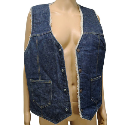 60s Indigo Blue Denim Western Sherpa Vest Seams Brass Snaps Closure Pockets SZ M