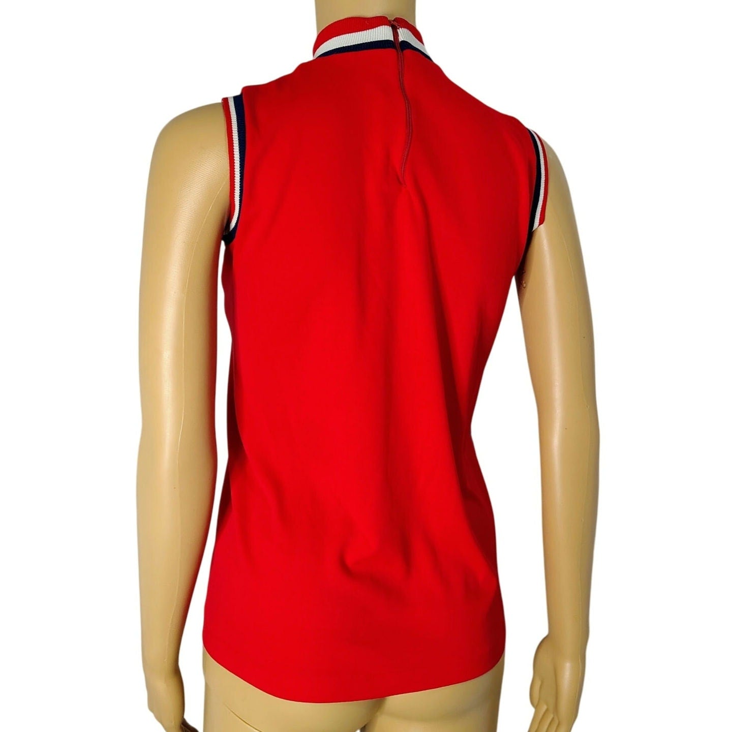 70s Red White Blue High Neckline Sleeveless High Neck Top Back Zipper Size Small [Vintage]