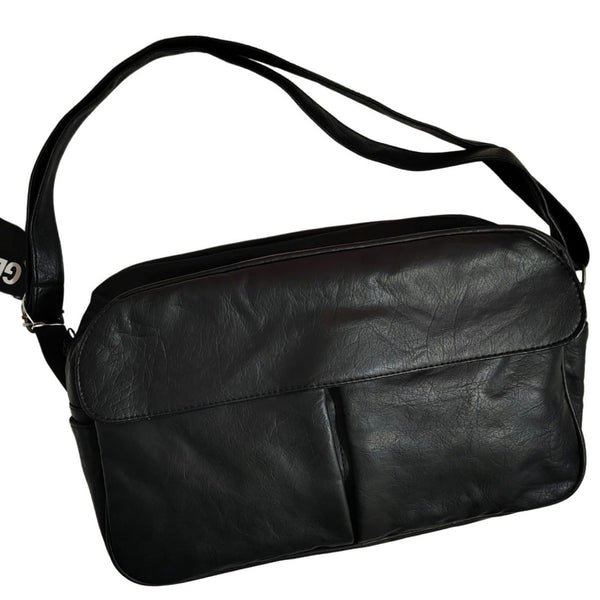 80s Black Faux Leather Crossbody Tote Medium Size Adjustable Hook Loop Closures