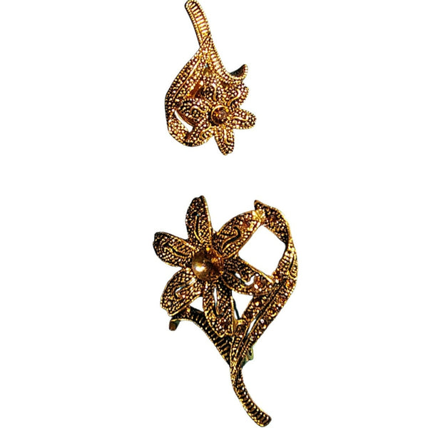Vintage Set of Two Floral Brooch Flower Stem Pin Two Piece Set Topaz Bronze