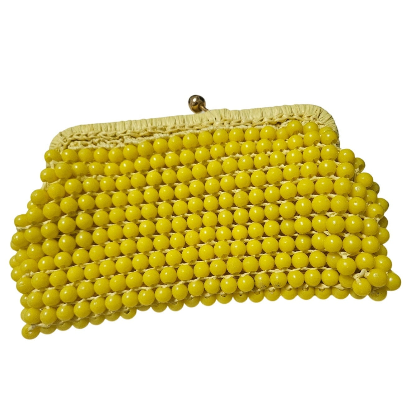 Retro Italian Made Yellow Beaded Clutch Handbag Knit Bag Raffia Purse [VINTAGE]