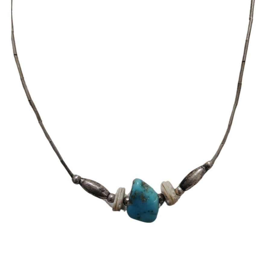 1970s Sterling Silver Liquid + Shell Beads + Turquoise Stone Necklace [Vintage]