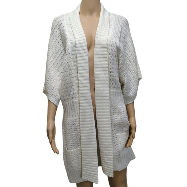 1990s Knit Wool Cardigan Cream Long Boho Open Front Short Sleeve Sweater Size L