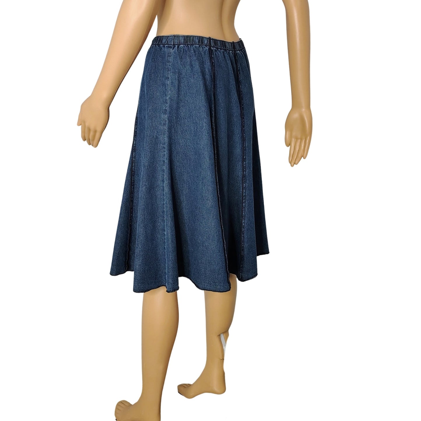 J Jill 100% Cotton Midi Denim Blue Panel Flare Skirt Elastic Waistband Size XSP