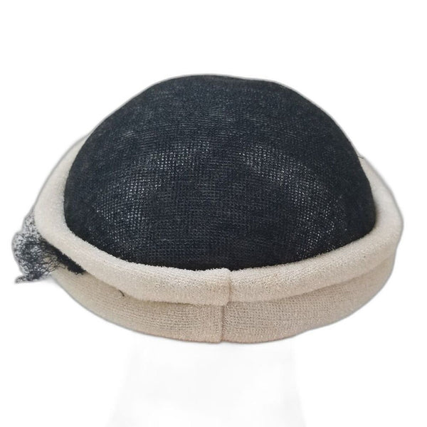 1950s Veiled Black Hat Cream Trim Round Top Cocktail Hat Size 7 1/2 [Vintage]
