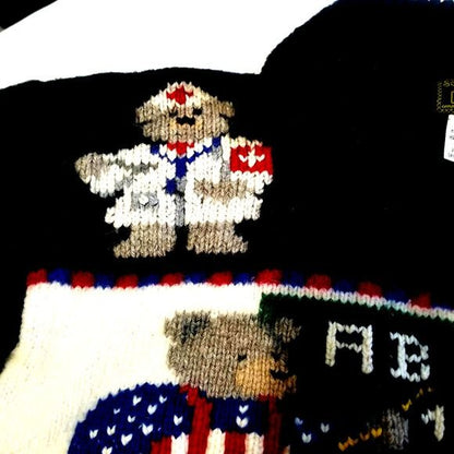 Hand Knit Pure Wool Pullover Collar Sweater Teddy Bear Motif Medium [VINTAGE]