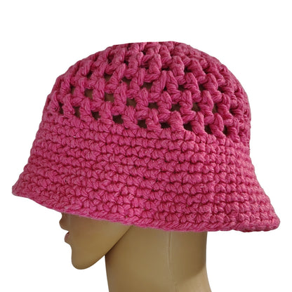 Vintage Pink Crochet Knit Bucket Hat Wide Brim Size Small