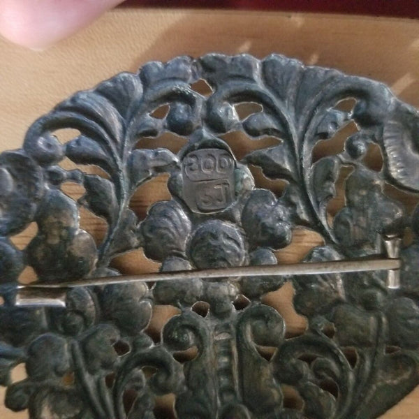 Victorian Era Gilded Signed 800 SJ Metal Floral Brooch Pin with Tube Hinge