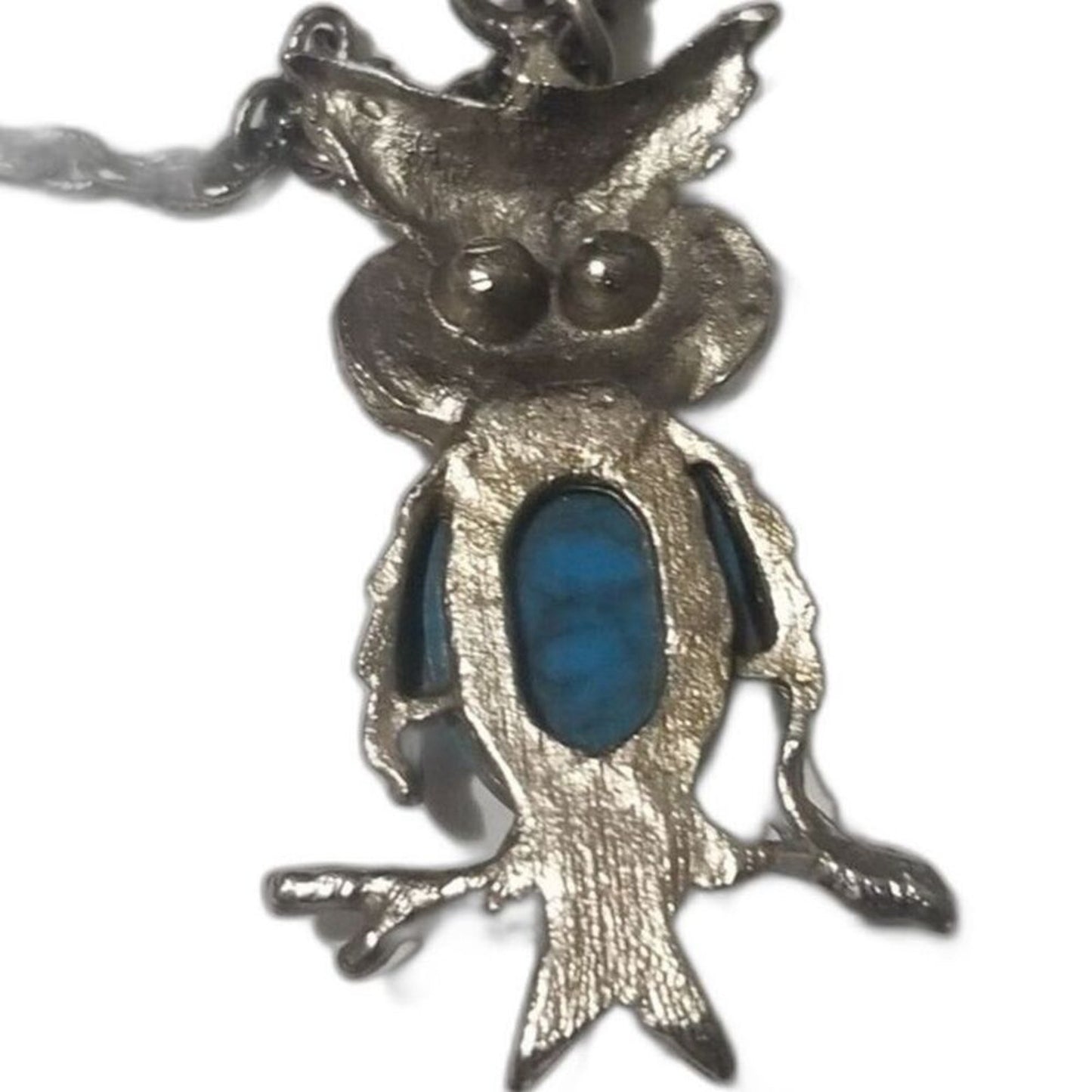 60s Vintage Turquoise Belly Green Crystal Eyes Owl Pendant Chain Link Necklace