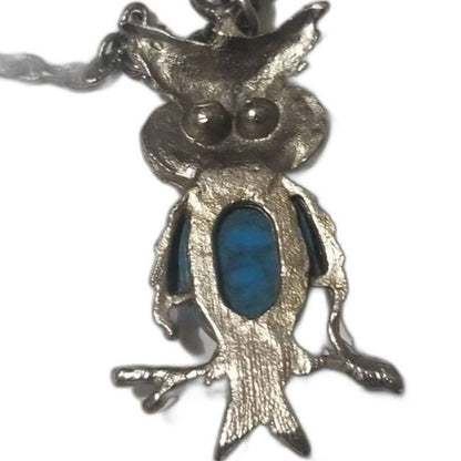 60s Vintage Turquoise Belly Green Crystal Eyes Owl Pendant Chain Link Necklace