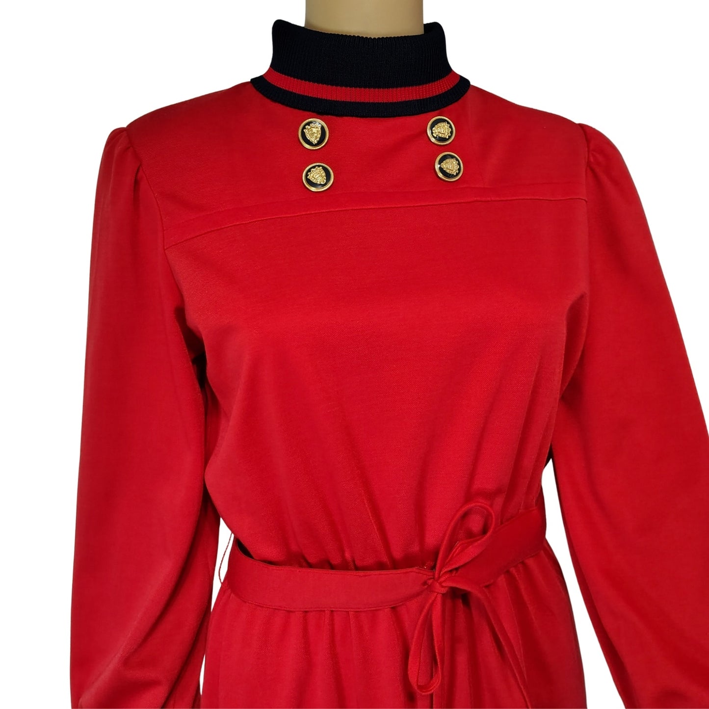 1970s Red Black Marty Gutmacher Petite High Neck Long Sleeve Midi Dress Size 10 [Vintage]