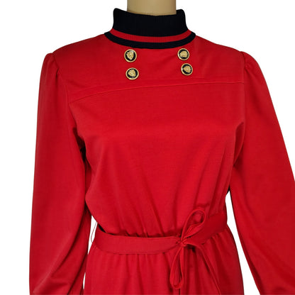1970s Red Black Marty Gutmacher Petite High Neck Long Sleeve Midi Dress Size 10 [Vintage]