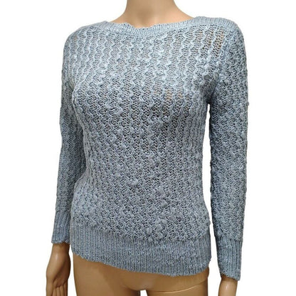 70s Vintage Blue Knit Wave Design Long Sleeve Boat Neck Fitted Sweater