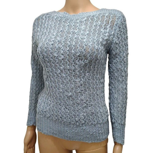 70s Vintage Blue Knit Wave Design Long Sleeve Boat Neck Fitted Sweater