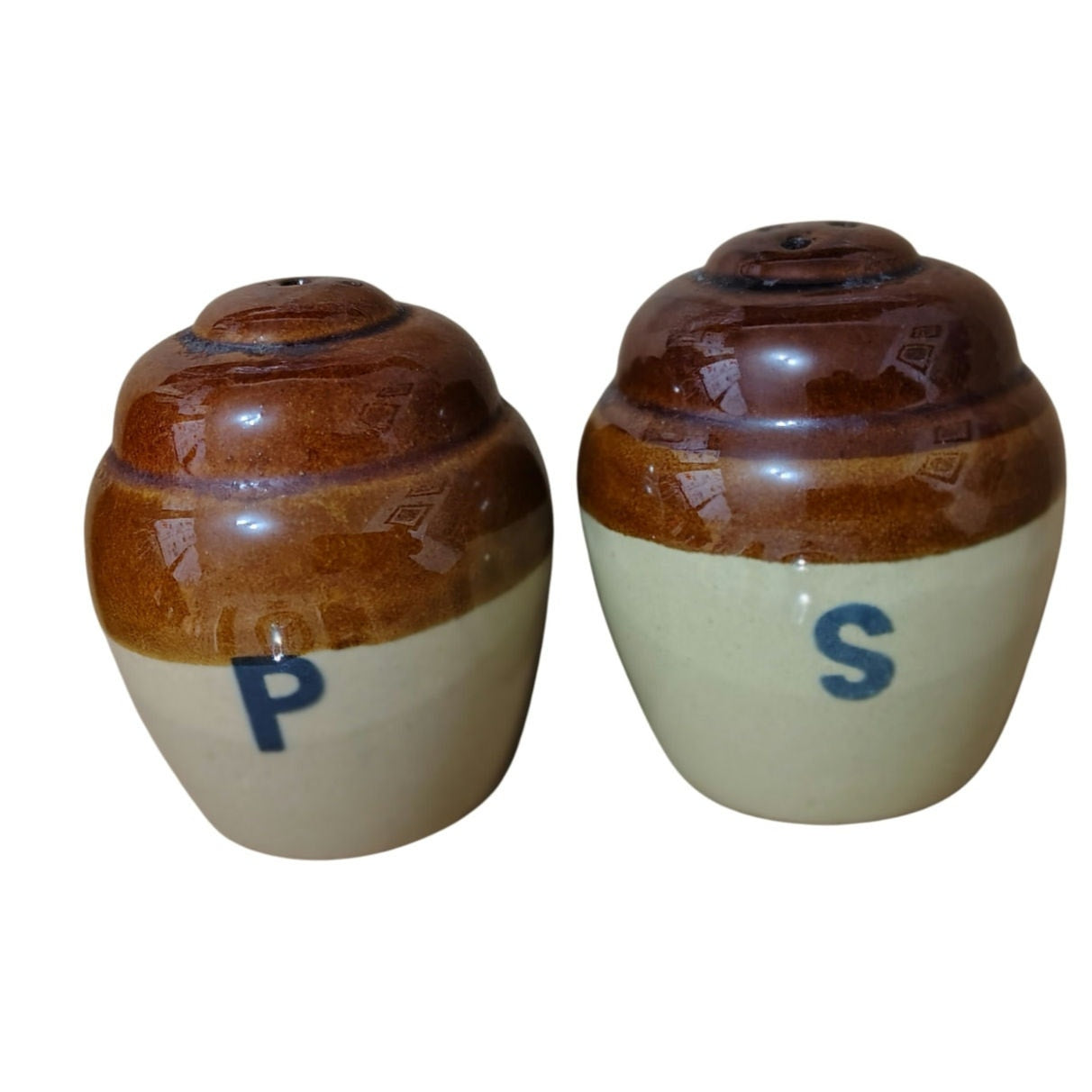 1970s Cruet Set Salt and Pepper Brown Cream Round Glazed Ceramic Shakers [Vintage]