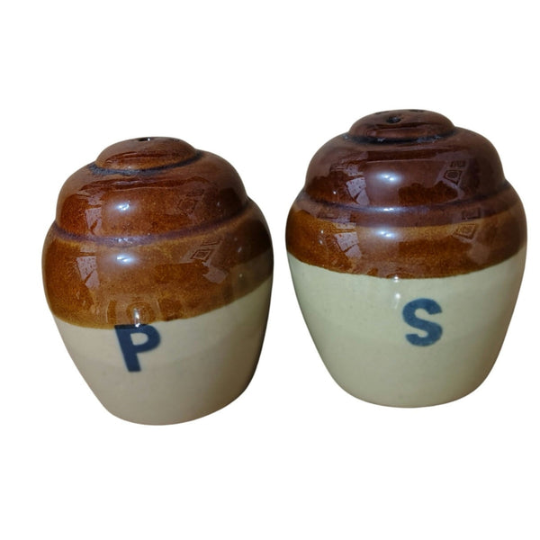 1970s Cruet Set Salt and Pepper Brown Cream Round Glazed Ceramic Shakers [Vintage]
