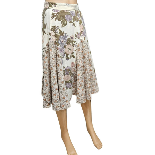1960s Patchwork Brown Cream Handmade Floral Print Midi Mermaid Cut Skirt Size XS [Vintage]