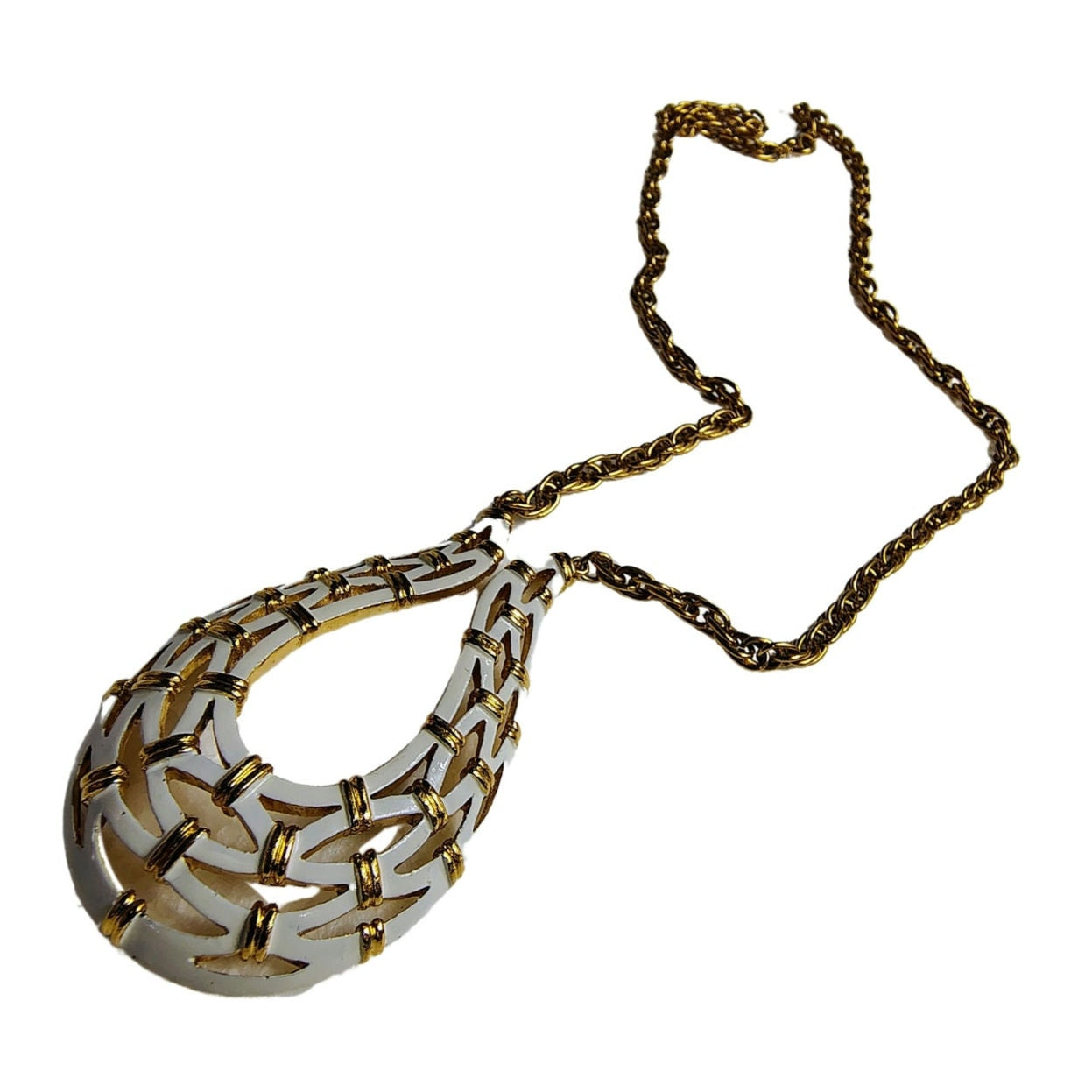 1960s Vintage Crown Trifari Gold White Enamel Woven Pendant Statement Necklace