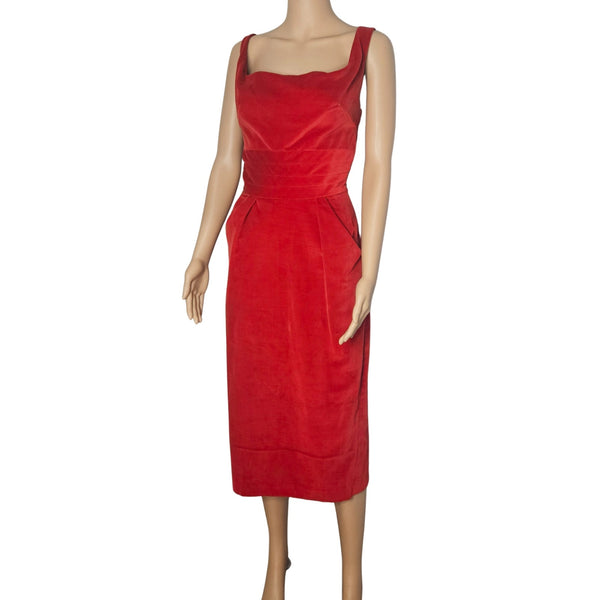 1960s Velvet Red Custom Made Wiggle Bodycon Dress Sleeveless Pockets Size XS [Vintage]