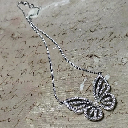 1990s Clear Crystal Bling Butterfly Pendant Silver Tone Chain Link Necklace [Vintage]