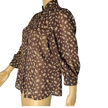 Banana Republic Brown Leaf Print Top Button Up Shirt 3/4 Sleeve Blouse Size Med