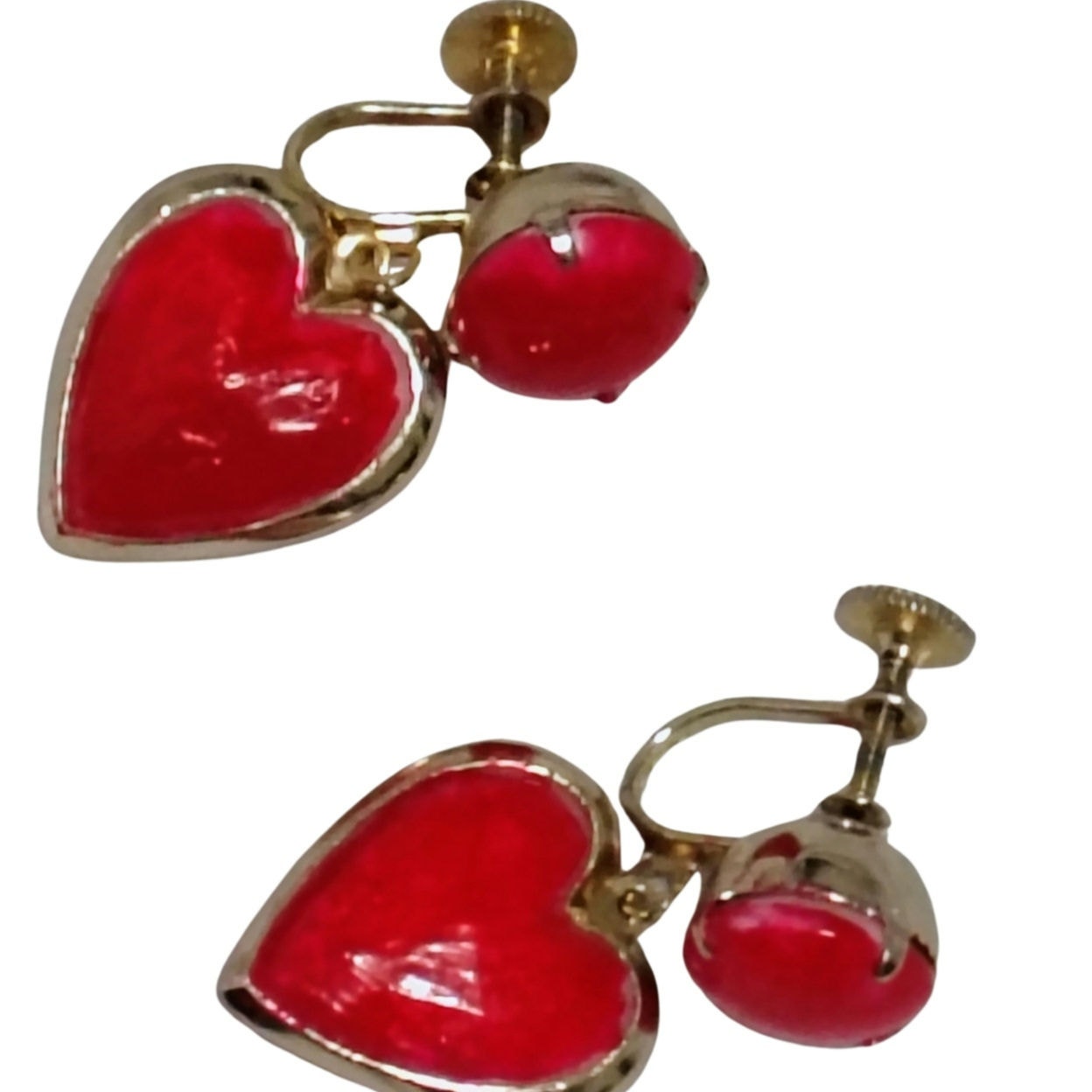 Vintage Red Drop Hearts Dangling Heart Earrings Gold Wrapped Clip On Screw Clasp