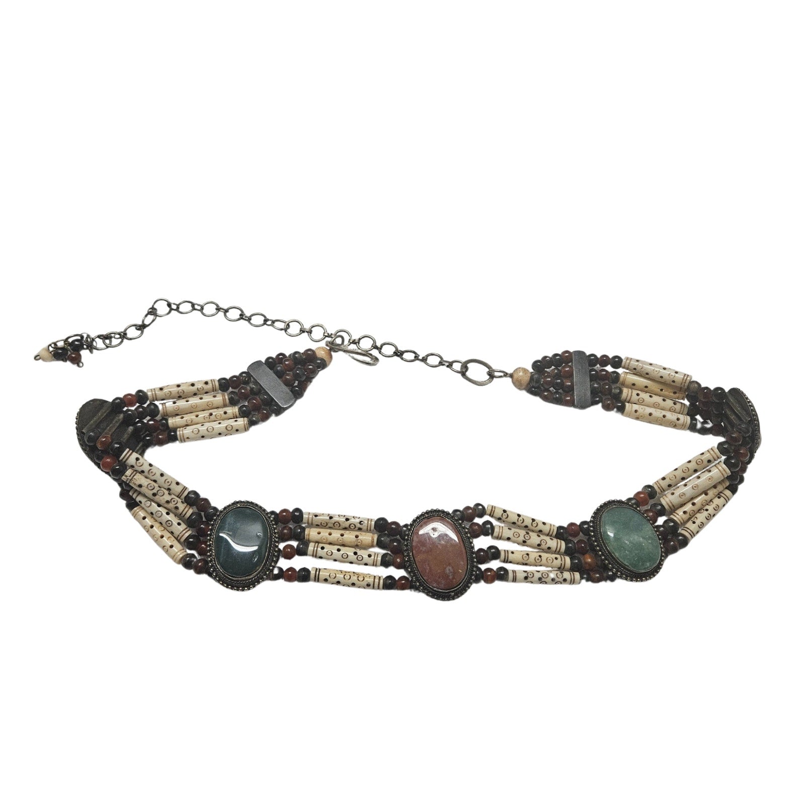 Natural Stone Bohemian Cabachon Concha Belt Carved Bone Beads Four Strands Small