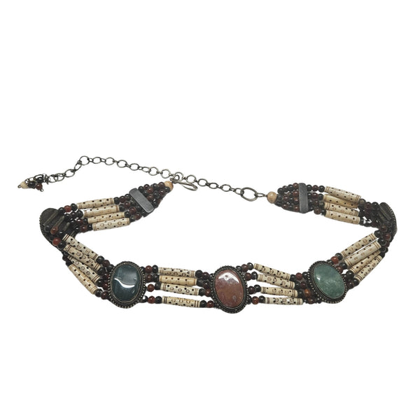Natural Stone Bohemian Cabachon Concha Belt Carved Bone Beads Four Strands Small