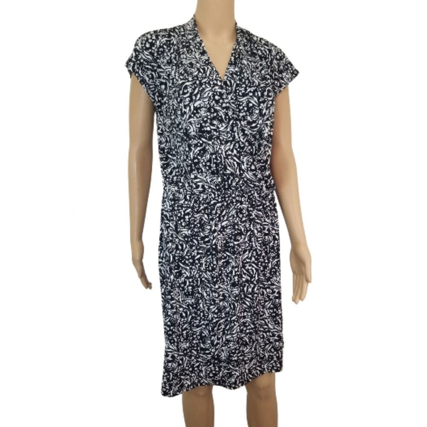 Black Midi H Halston V Neck Short Sleeve Stretch Elastic Waist Dress Size Small