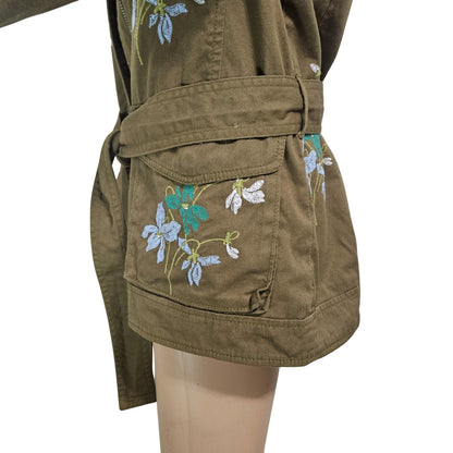 Olive Embroidered Floral Belted Zip Up Utility Standing Collar Jacket Size Medium