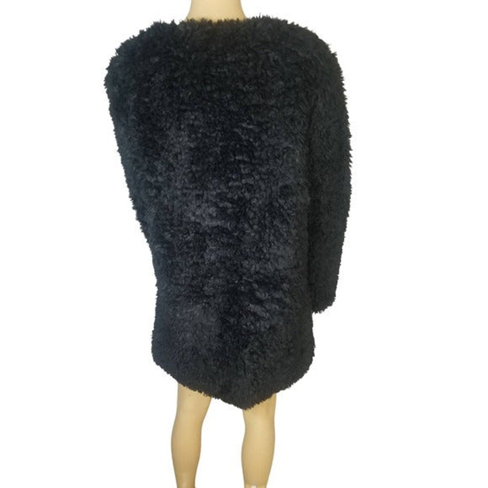 1990s Long Black Faux Sheep Fur Box Cut Zip Up Coat Nearly New Size Medium [Vintage]