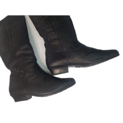 90s Vintage Black Leather Basic Editions Fold Down Mid Calf Boots Size 6