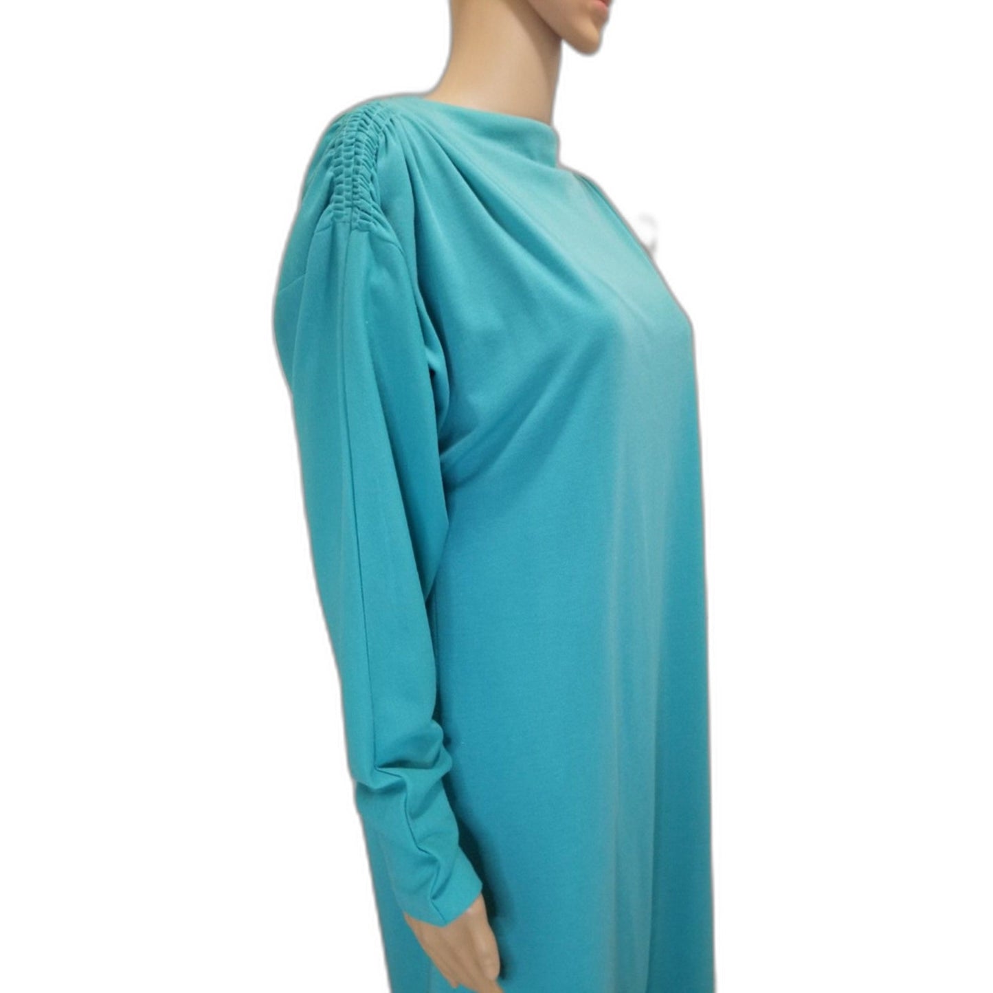 80s Vintage Handmade Long Sleeve Aquamarine High Neck Dress Size Medium