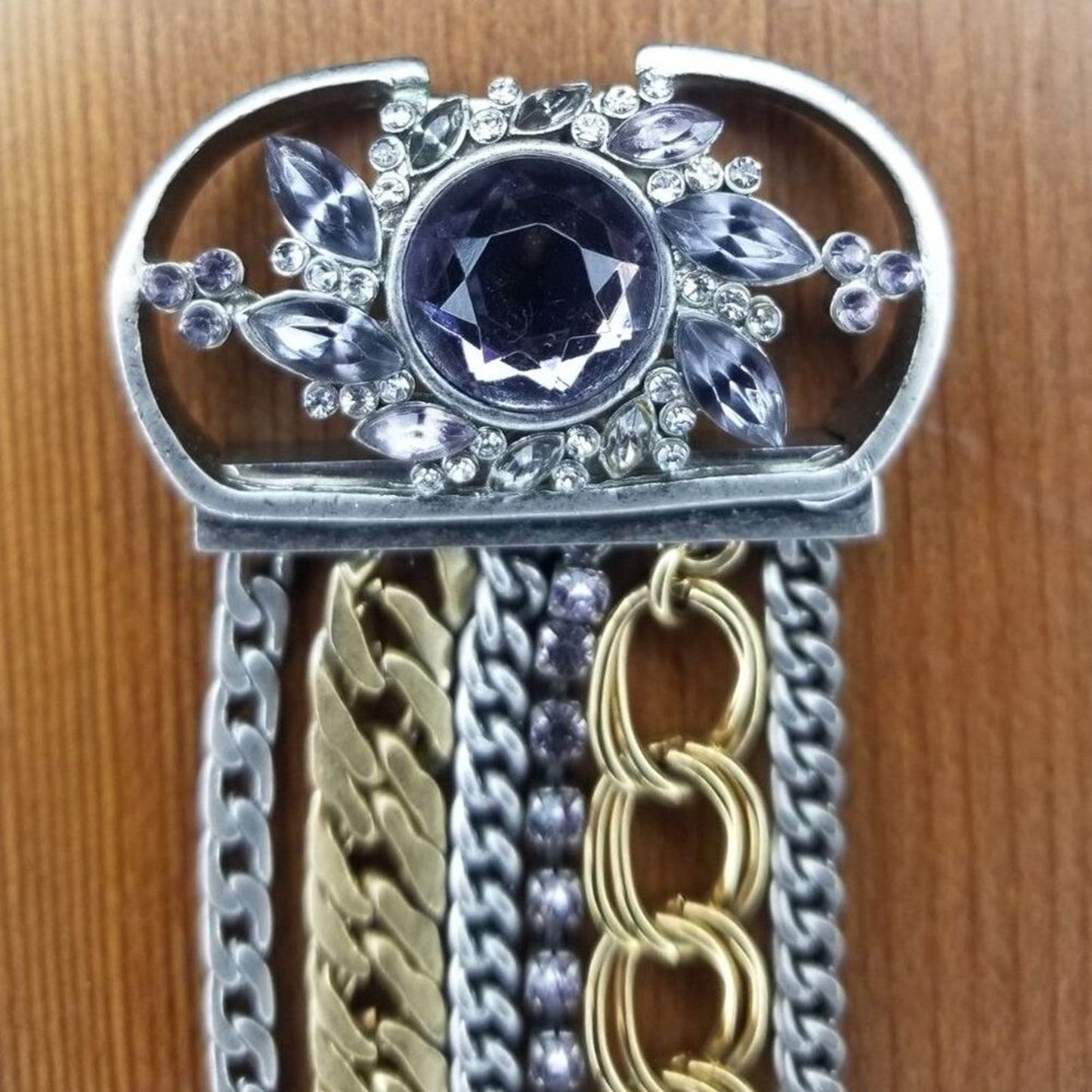 Vintage Layered Chain Link Gold Silver Tone Cuff Bracelet Crystal Adorned Flower