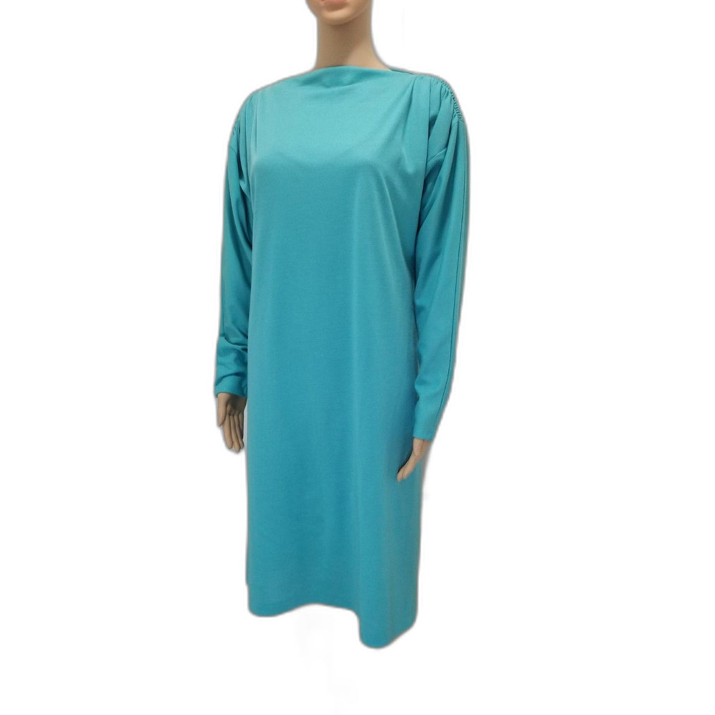 80s Vintage Handmade Long Sleeve Aquamarine High Neck Dress Size Medium