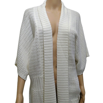 1990s Knit Wool Cardigan Cream Long Boho Open Front Short Sleeve Sweater Size L