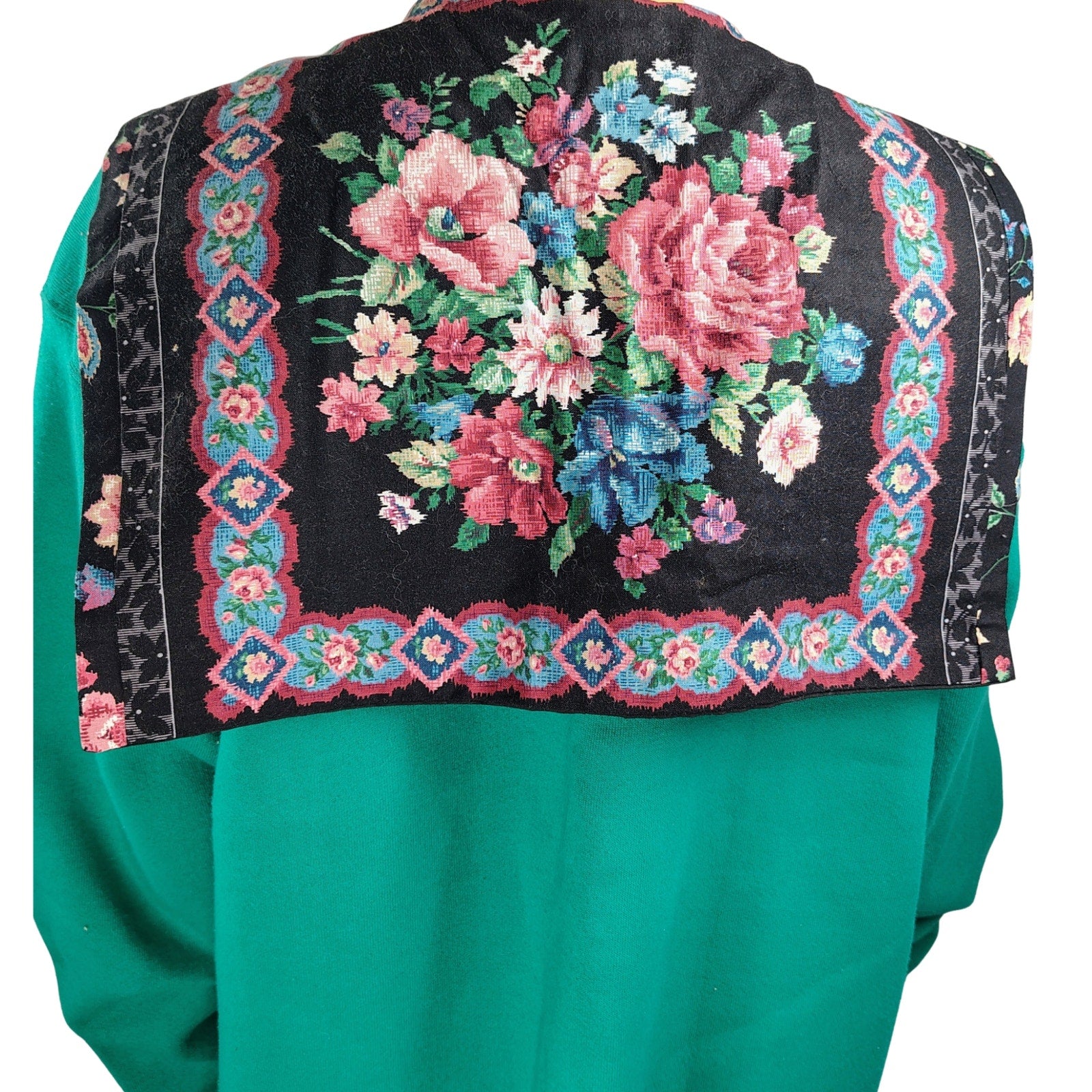 1990s Upcycled Floral Green Fleece Sweatshirt Open Front Cardigan Size XXL Women
