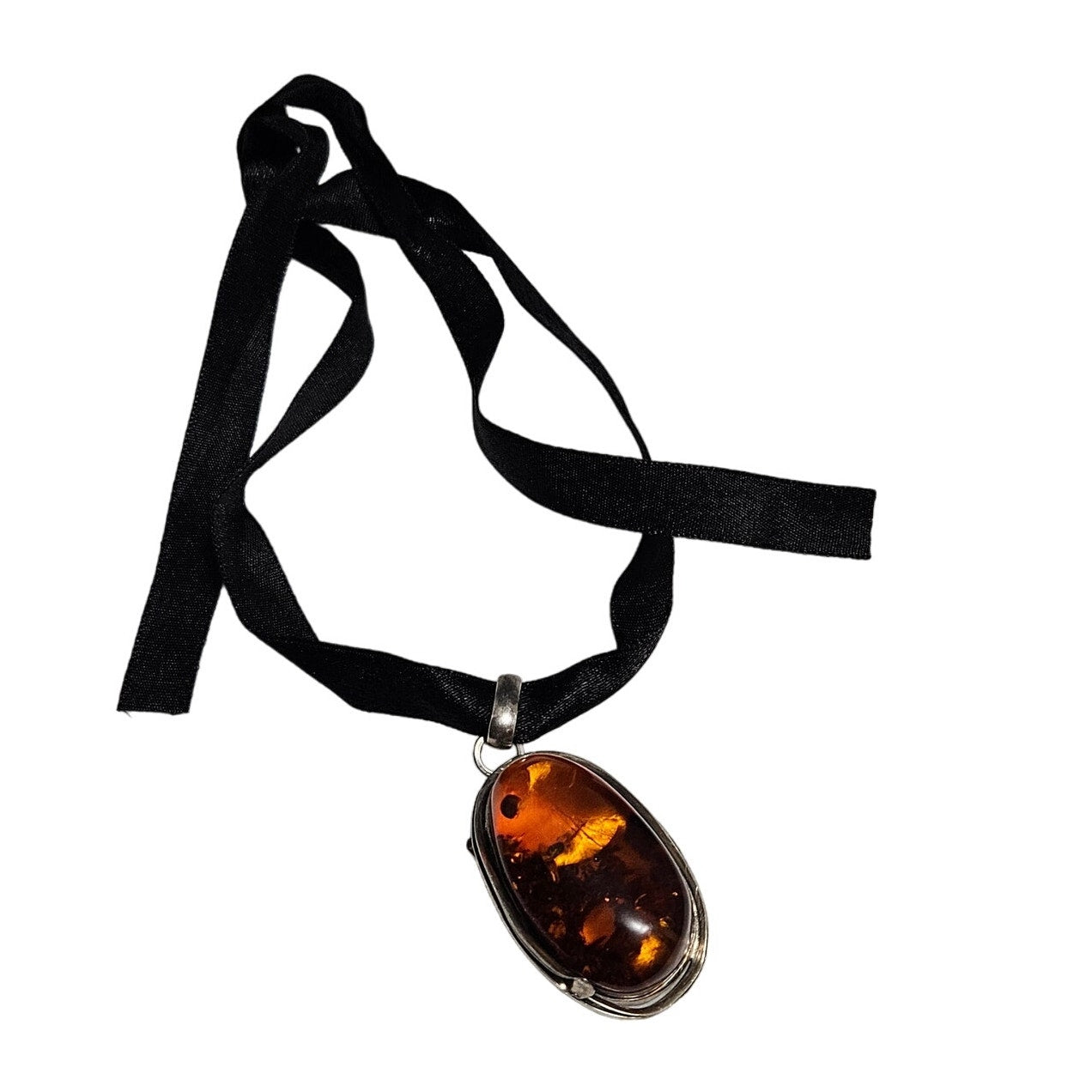.925 Silver Large Honey Amber Wrapped Pendant Black Ribbon Necklace [VINTAGE]