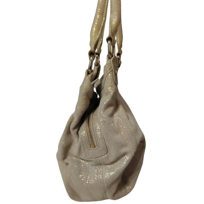 Cream Suede Gold Metallic Calvin Klein Shoulder Bag Double Handle 3 Compartments