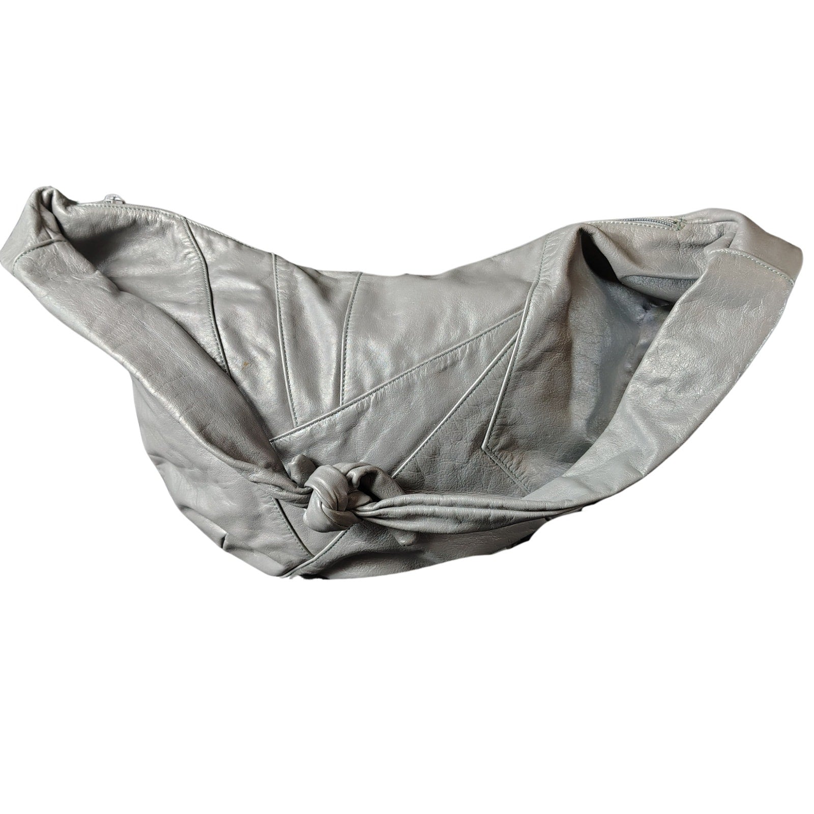 1980s Gray Leather Bohemian Boho Style Patchwork Crescent Bag Adjustable Strap [VINTAGE]