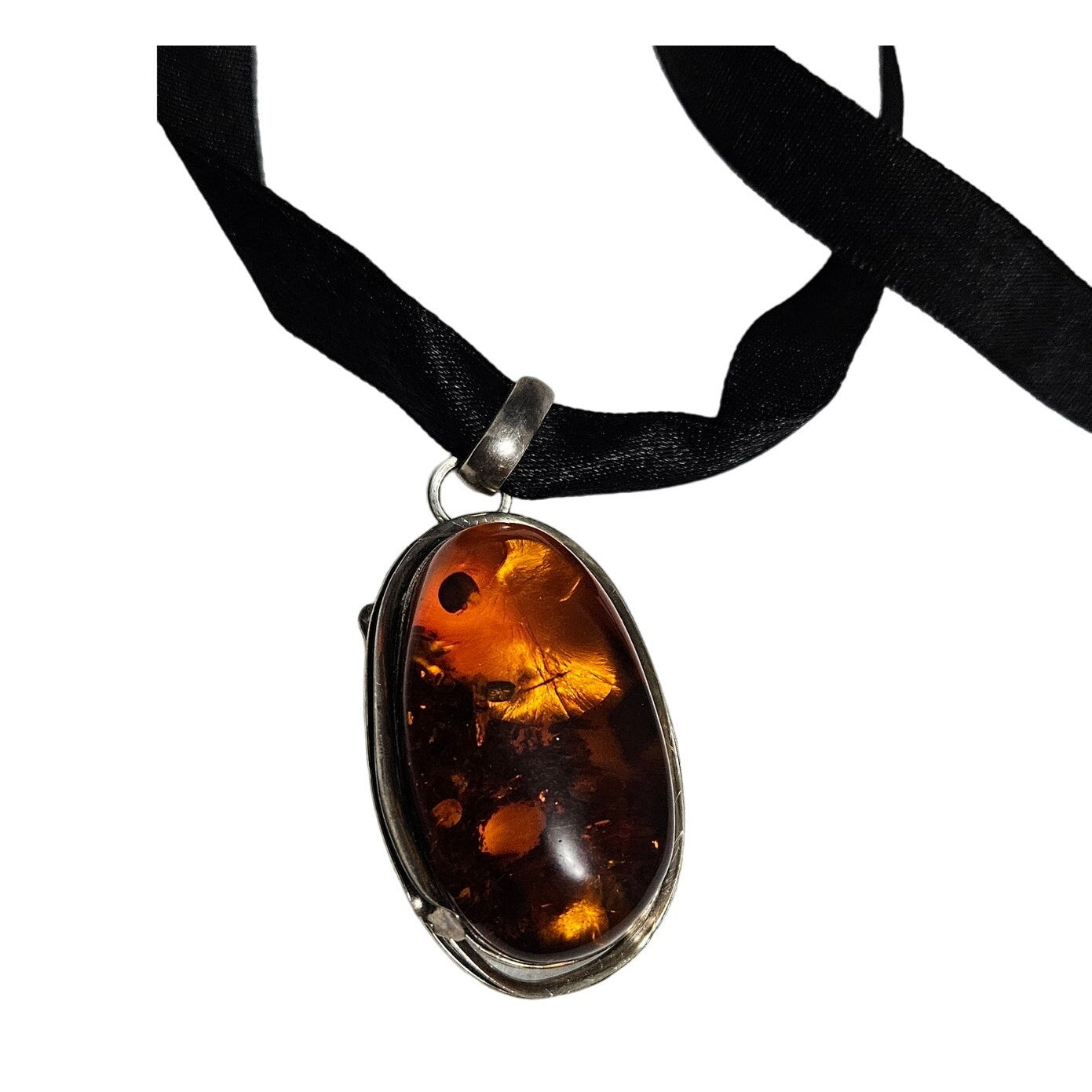 .925 Silver Large Honey Amber Wrapped Pendant Black Ribbon Necklace [VINTAGE]