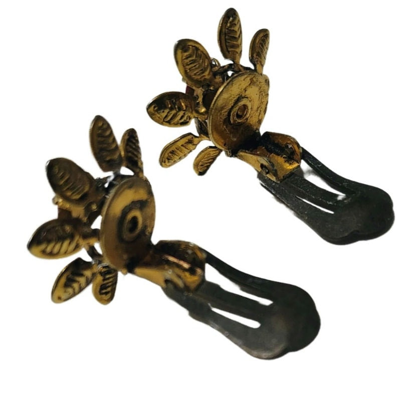 1990s Red Faceted Crystal Flower Gold Clip On Earrings Signed Austria [Vintage]