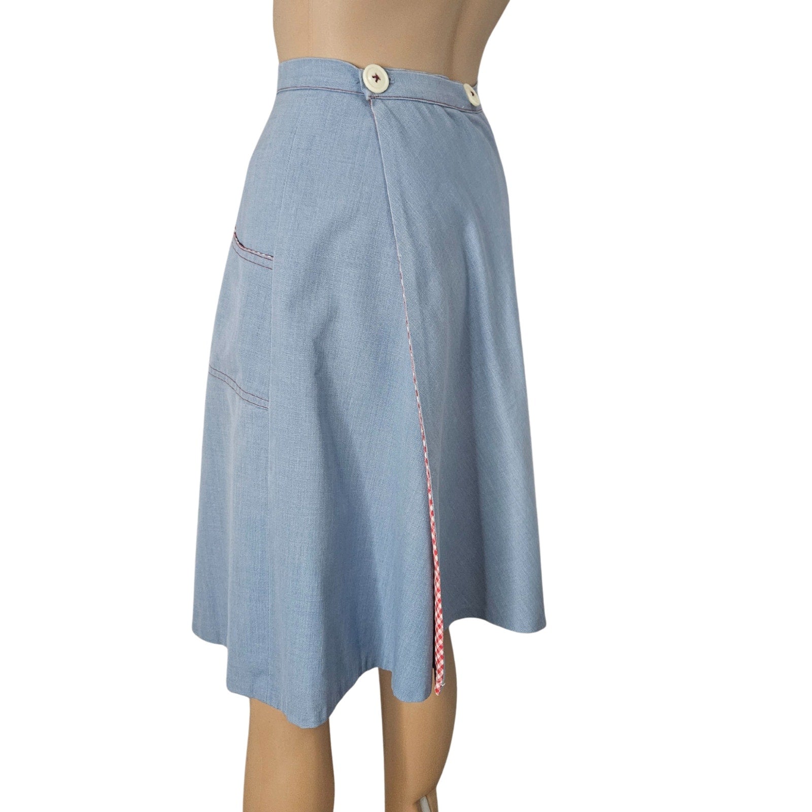 1970s Blue Red White Midi Wrap Skirt Plaid Accents Lining Hand Made Size XS [Vintage]